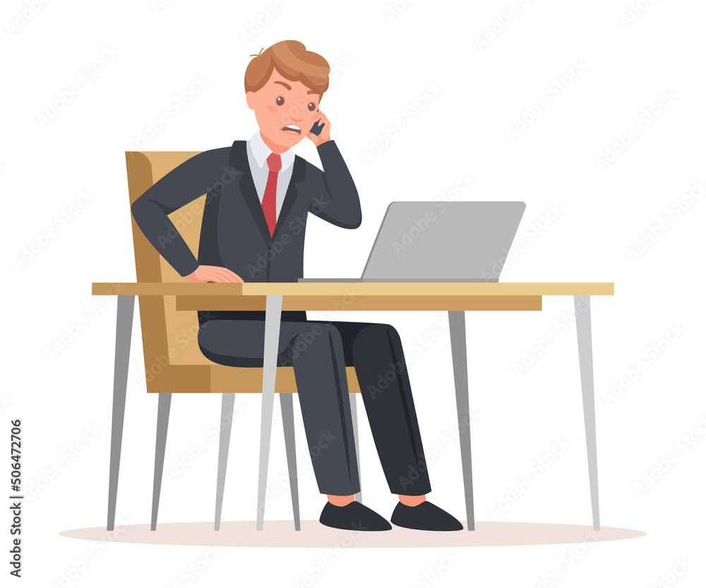 Man Office Worker Sitting at Desk with Laptop Speaking by Phone Vector Illustration Man Office Worker Sitting at Desk with Laptop Speaking by Phone Vector Illustration