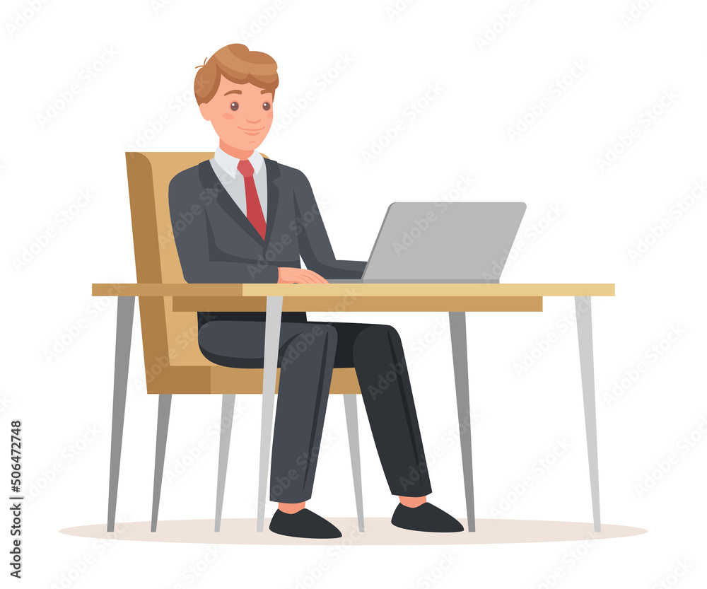 Man Office Worker Sitting at Desk with Laptop Feeling Happy Engaged in Workflow Vector Illustration