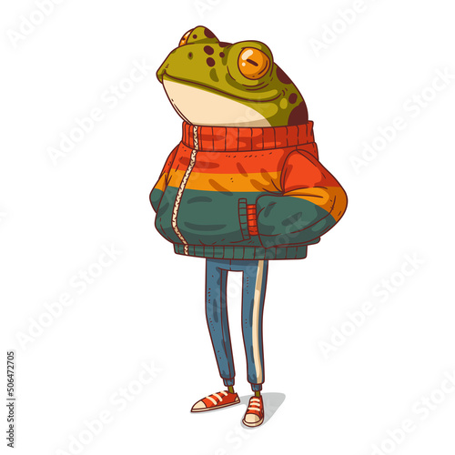 An Urban Guy, isolated vector illustration. Serene frog in a sport style outfit with his hand in his pockets. Tall anthropomorphic paunchy toad with skinny legs. An animal character with a human body.