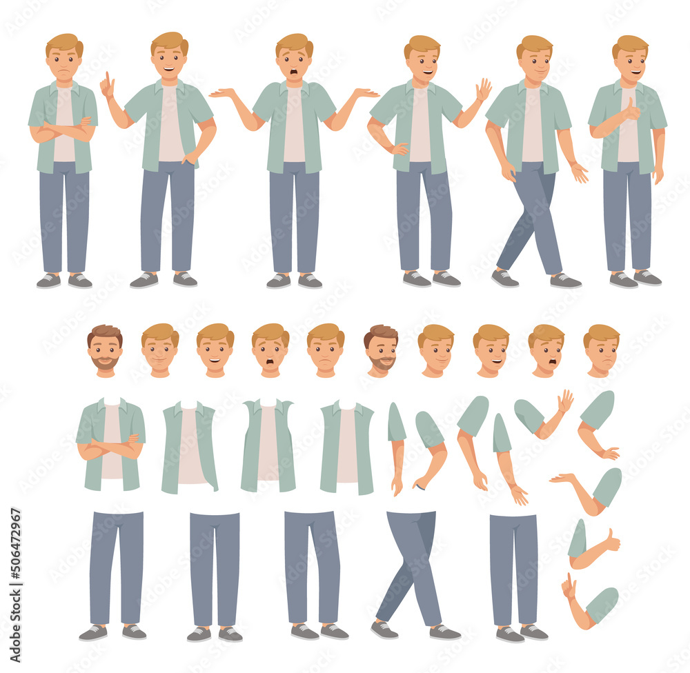 Young Man Character Constructor with Separated Body Parts and Face with Different Emotion Vector Set