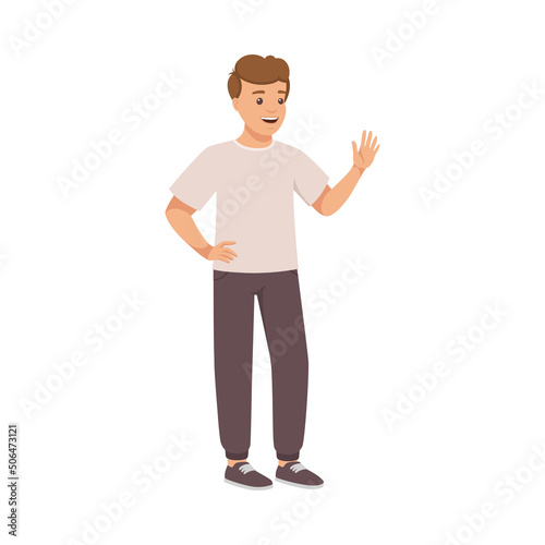 Man Character in Casual Pants Standing and Waving Hand for Greeting Vector Illustration