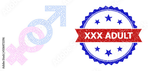 Triangular sex confrontation carcass illustration, and bicolor unclean XXX Adult watermark. Mesh wireframe illustration is designed with sex confrontation pictogram.