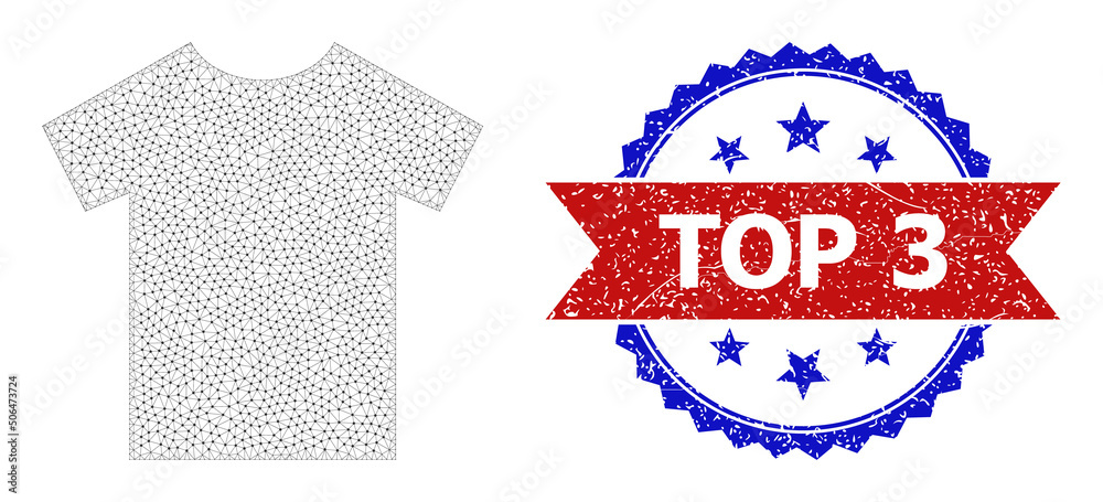 Polygonal t-shirt wireframe illustration, and bicolor grunge Top 3 watermark. Polygonal wireframe illustration is based on t-shirt pictogram.