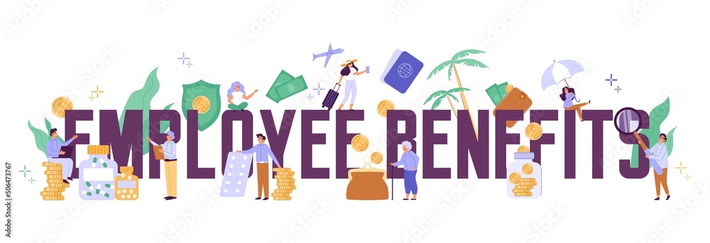 Poster pension insurance, employee benefits, vector flat illustration on white background. Poster pension insurance, employee benefits, vector flat illustration on white background.