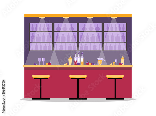 Bar or pub counter with alcohol drinks, flat vector illustration isolated.