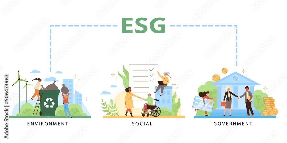 Company ethics of social, environmental and governance, ESG concept - flat vector illustration on white.