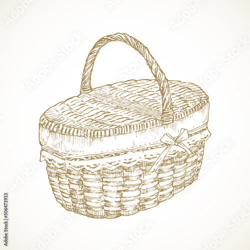 Cottagecore food basket. Hand Drawn Rural Sketch Vector Illustration. Countryside Recreation and Picnic Doodle Item Isolated