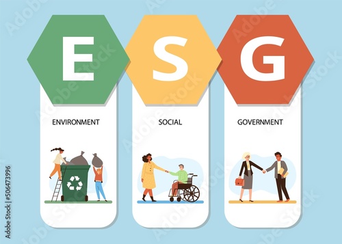 ESG infographic with people care about environment and minorities, flat vector illustration.