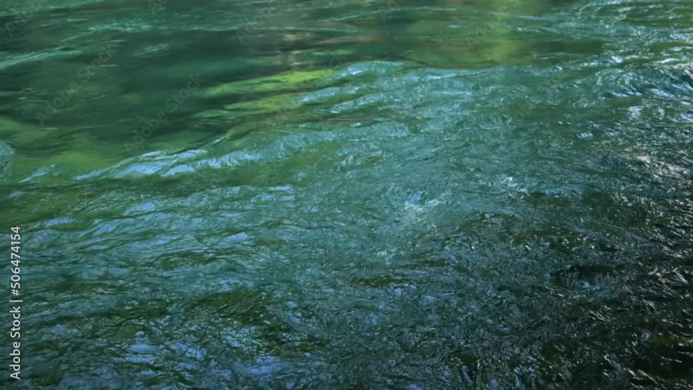 Turquoise clear river water surface flowing in slow motion, daytime, shade, no people Turquoise clear river water surface flowing in slow motion, daytime, shade, no people