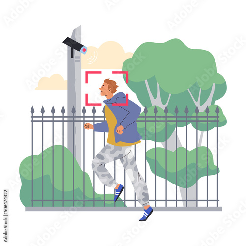 Man running in the park, CCTV video camera monitoring city streets - flat vector illustration isolated on white.