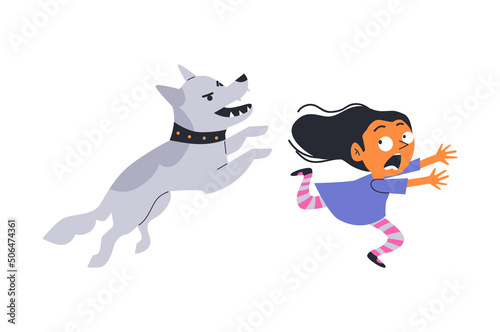 Child scared because an angry dog is chasing him, flat vector illustration.