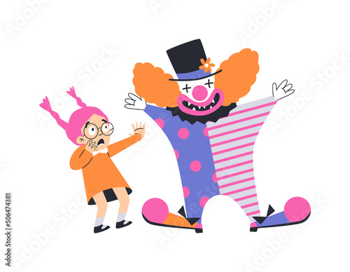 Child fear concept, little girl afraid of clowns, flat vector illustration isolated on white background.