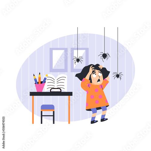 Little girl in her room scared of spiders flat style, vector illustration