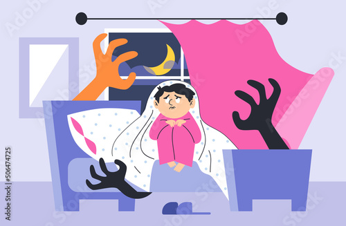 Frightened boy sits under the blanket at night and afraids of monsters, flat vector illustration. photo