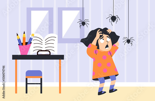 Girl is afraid of spiders, cute child screams of fear, flat vector illustration.