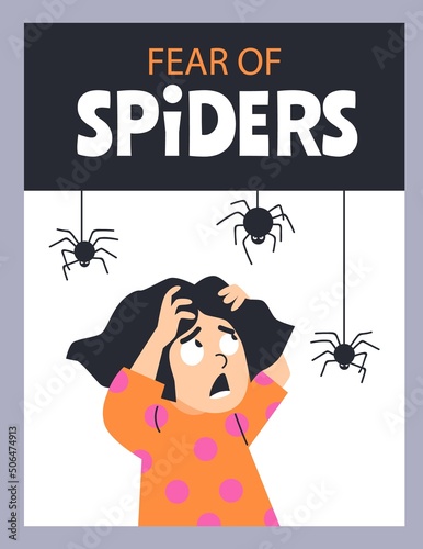 Vertical banner with little girl scared of hanging from the top spiders flat style