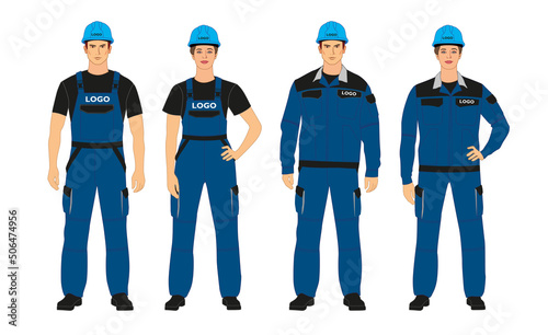 A set of branded overalls. Man and woman in branded work clothes. Helmets and overalls. Blue and black colors