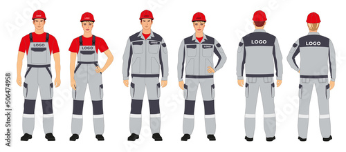 A set of branded overalls. Man and woman in branded work clothes. Helmets and overalls. Gray and red colors