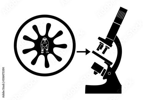 Viruela del mono analizada al microscopio. Silueta negra de un microscopio y de la viruela del mono sobre fondo blanco