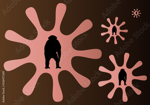 Viruela del mono. Silueta negra de un mono dentro de la silueta de un virus en tono piel