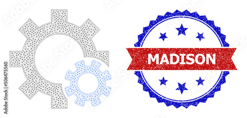 Net gear settings wireframe icon, and bicolor scratched Madison seal. Mesh wireframe symbol designed with gear settings icon. Vector imprint with Madison tag inside red ribbon and blue rosette,