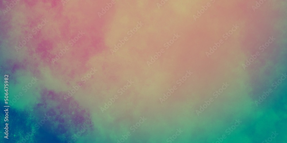 Abstract sunset sky with paint blotches and soft blurred texture. Colorful watercolor background. blue green yellow beige and orange border in gradient paint colors. Beautiful Grunge design.