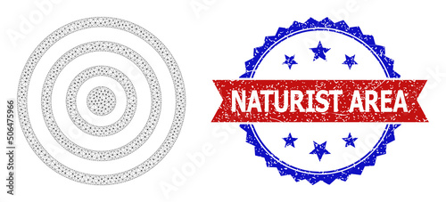 Mesh concentric circles carcass icon, and bicolor unclean Naturist Area seal. Mesh carcass illustration created from concentric circles icon.