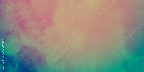 Abstract sunset sky with paint blotches and soft blurred texture. Colorful watercolor background. blue green yellow beige and orange border in gradient paint colors. Beautiful Grunge design.