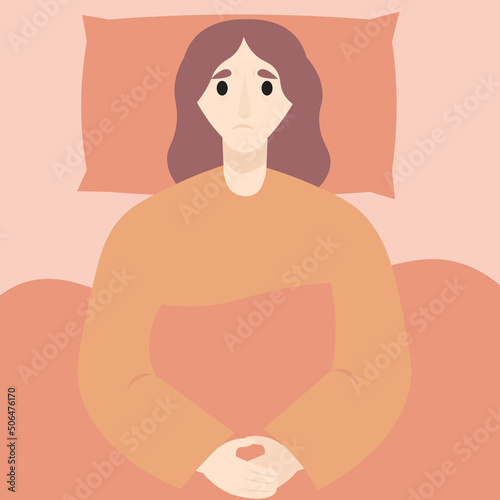 Insomnia. Loss of taste for life, apathy, depression. A young woman is lying in bed with her eyes open. The person cannot sleep. Flat vector illustration