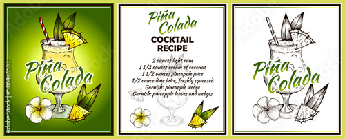 Sketch drawing Pina Colada cocktail recipe on white and green background. Hand drawn alcohol drink with pineapple, coconut cream, rum, lime juice, tropical flower. Summer bar menu. Vector illustration