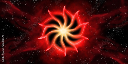 Muladhara chakra is red in the black starry sky.