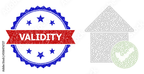 Mesh valid house model illustration, and bicolor unclean Validity watermark. Mesh carcass illustration based on valid house icon.
