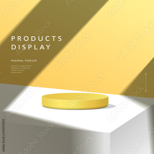 Abstract minimal scene, cylinder podium in yellow background for product presentation displays.