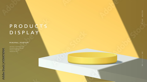 Abstract minimal scene, cylinder podium in yellow background for product presentation displays.