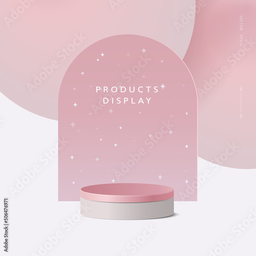 Abstract minimal scene, cylinder podium in pink background for product presentation displays.