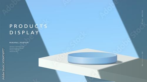 Abstract minimal scene, cylinder podium in blue background for product presentation displays.