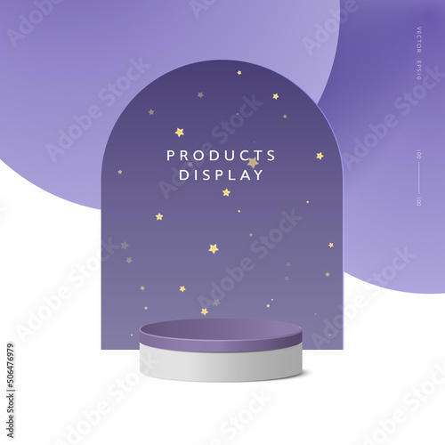 Abstract minimal scene, cylinder podium in purple background for product presentation displays.
