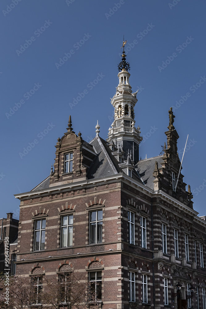 Architectural fragments of old Amsterdam building: XIX century Neo-Renaissance-style building, former Town Hall and Archive of Amstel Community Amsterdam, The Netherlands.