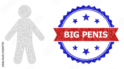 Net man model icon, and bicolor unclean Big Penis stamp. Polygonal wireframe image is designed with man icon. Vector imprint with Big Penis text inside red ribbon and blue rosette,