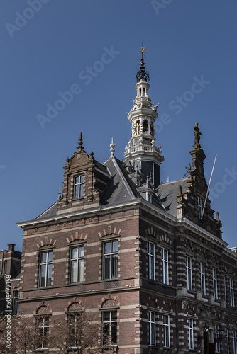 Architectural fragments of old Amsterdam building: XIX century Neo-Renaissance-style building, former Town Hall and Archive of Amstel Community Amsterdam, The Netherlands.
