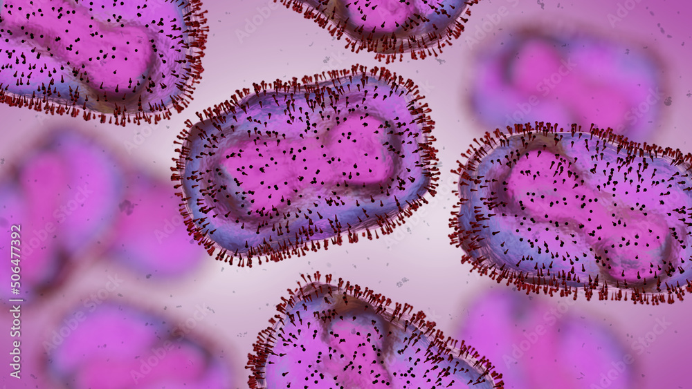 Monkeypox viruses, microscopic pathogen closeup, infectious zoonotic disease