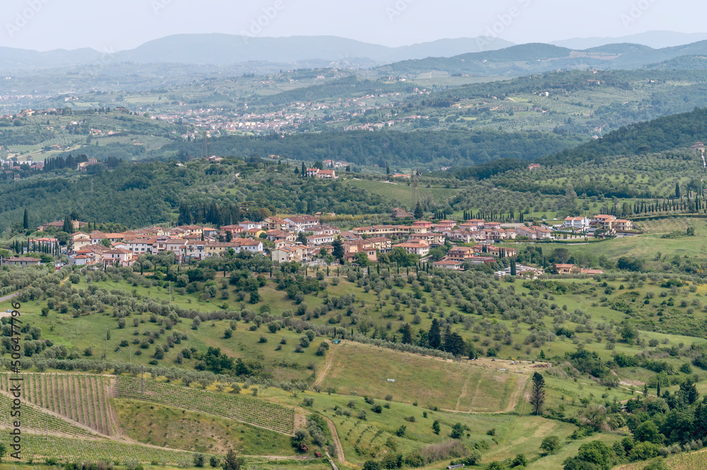 Aerial view of Carmignano, Prato, Italy and the hamlet of La Serra, from the fortress