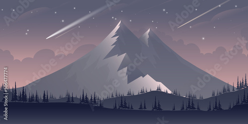 Mountain landscape and stars in the sky. Meteor, gradient mountain silhouette, cartoon mountain vector.