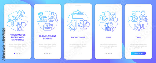 Government benefits blue gradient onboarding mobile app screen. Walkthrough 5 steps graphic instructions pages with linear concepts. UI, UX, GUI template. Myriad Pro-Bold, Regular fonts used