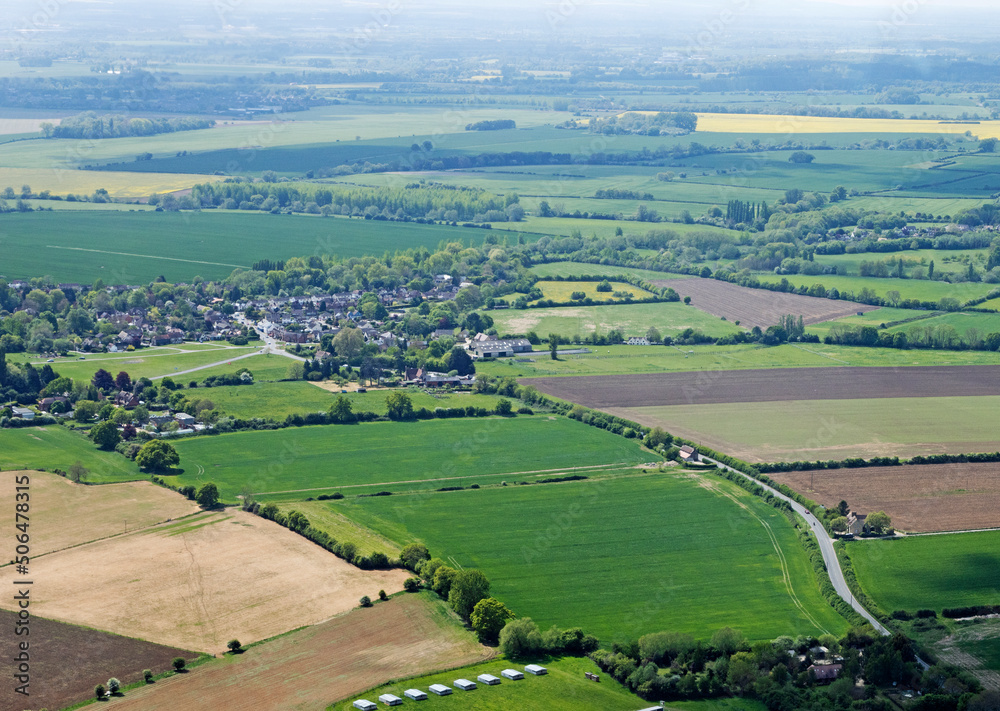 Aerial view of hedgerows and arable fields of Oxfordshire, UK