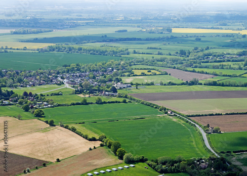 Aerial view of hedgerows and arable fields of Oxfordshire, UK