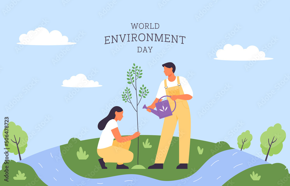 World environment day. Young woman and man are planting a tree. People care about ecology of the planet. Environment, ecology, nature protection concept. Flat vector illustration.
