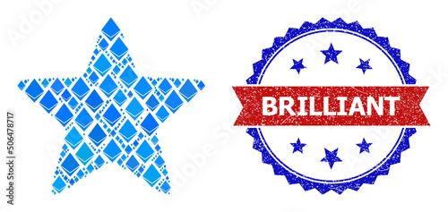 Blue ethereum mosaic red star icon, and bicolor scratched Brilliant stamp. Ethereum related elements are grouped into abstract mosaic red star icon.