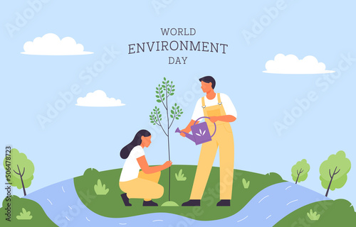 World environment day. Young woman and man are planting a tree. People care about ecology of the planet. Environment, ecology, nature protection concept. Flat vector illustration.