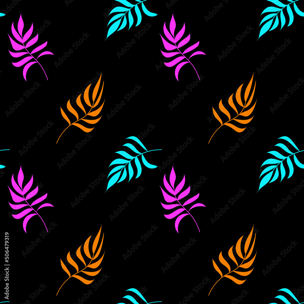 Seamless pattern of blue, orange and pink palm leaves on a black background. Tropical pattern. For textiles, packaging, fabrics, wallpapers, backgrounds, invitations. Vector illustration Seamless pattern of blue, orange and pink palm leaves on a black background. Tropical pattern. For textiles, packaging, fabrics, wallpapers, backgrounds, invitations. Vector illustration